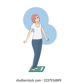 Pretty girl standing on a weight scale, happiness and success in weight loss and confident body shape,Vector illustration.