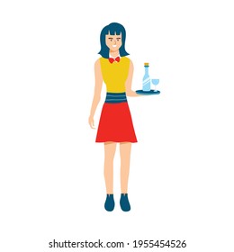 A pretty girl stands confident and smile while working as a waiter.Flat vector design character illustration with white background.