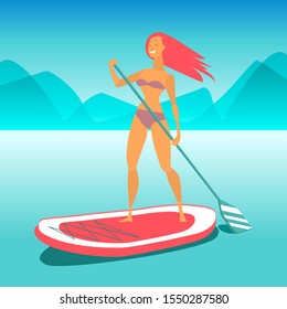 Pretty girl stays on a Paddle Board. Ocean view with blue water, sky and surfer woman smiling. Stock Vector illustration. 