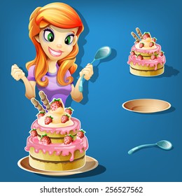 Pretty girl with a strawberry cake. Vector illustration.