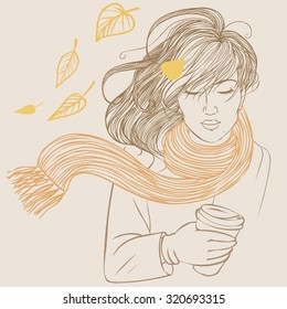 Pretty girl with streaming hair. Vector hand drawn illustration