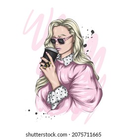Pretty girl in a stylish dress and beret. Coffee. Vector illustration. Fashion and style, clothing and accessories.  
