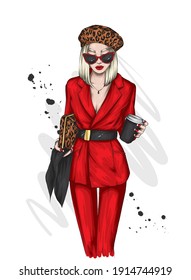 Pretty girl in a stylish suit and beret. Coffee. Vector illustration. Fashion and style, clothing and accessories. 