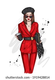 Bonita chica con traje elegante y boina. Café. Ilustración vectorial. Moda y estilo, ropa y accesorios. 