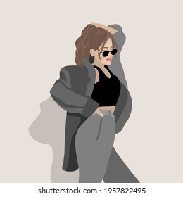 Pretty girl in a stylish suit and glasses. Vector illustration. Fashion and style, clothing and accessories.