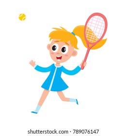 Pretty girl in summer dress playing badminton with ball and racket, cartoon vector illustration on white background. Full length portrait of cartoon blond girl with ponytail playing badminton