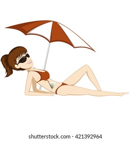 A pretty girl is sunbathing (in sunglasses with a drink under a sunshade)