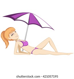A pretty girl is sunbathing (under a sunshade)