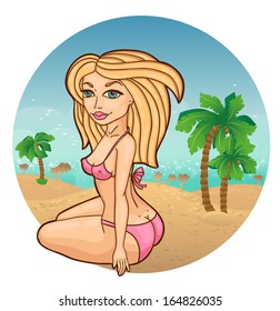 Pretty girl in swimsuit on beach with palms.