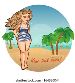 Pretty girl in swimsuit on beach with palms.