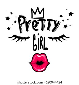 Pretty girl t shirt design on white background. girlish wallpaper with kiss lips, crown, eyelashes, stars