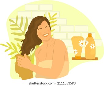 A pretty girl takes care of her hair, also an image of conditioner and shampoo for hair. Vector illustration