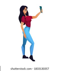 Pretty Girl Taking Selfie On Mobile Phone. Brunette Woman Standing And Talking By Video Call. Vector Illustration.