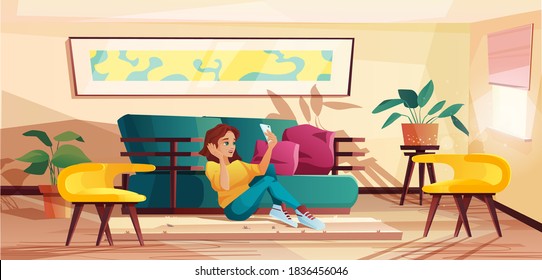 Pretty girl taking selfie on mobile phone. Brunette woman sitting and talking by video call. Living room interior. Vector illustration.