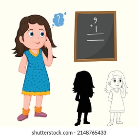 Pretty Girl Thinking for math Calculation with Live Outline and Silhouette