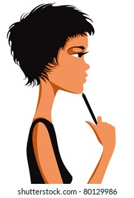 Pretty girl thinking with short black hair and pen in hand. Vector illustration.