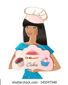 Pretty girl in toque holding boards with cakes. Vector