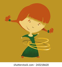 Pretty girl twirling hula-hoop. Vector. May be used not only on white background.