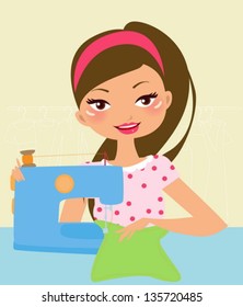 Pretty girl Using Sewing Machine