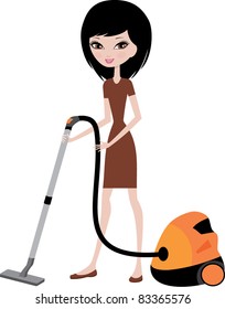 Pretty girl with vacuum cleaner. vector, color full, no gradient