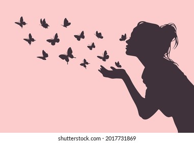 Pretty girl vector silhouette with many butterflies flying from her hand on pink background.Woman profile stencil drawing.Beautiful lady decor.Vinyl wall sticker decal.Plotter laser cutting. DIY. Cut.