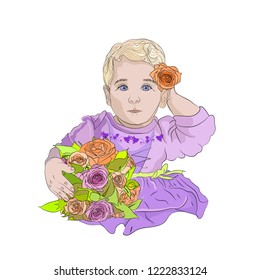 Pretty girl with very small with flowers. cute baby in pink. child carrying wedding flowers. holiday ceremony. Vector illustration on white isolated background. sketching style