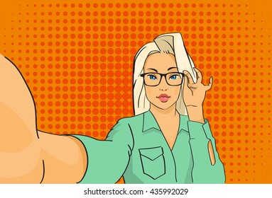 Pretty Girl Video Blogger Taking Selfie Photo On Smart Phone Pop Art Colorful Retro Style Vector Illustration