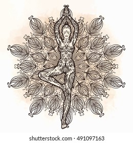 Pretty girl in vrikshasana (tree) yoga pose in ornate round mandala pattern over beige vintage background. Design for music cover, t-shirt , yoga poster, flyer. Astrology, sacred geometry. 
