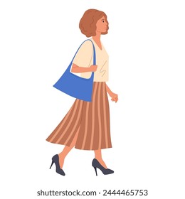 Una chica guapa camina sola. Personaje femenino que camina, mujer joven que va a la oficina, las compras o la Ilustración vectorial plana del café. Mujer que camina de la historieta