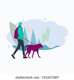 Chica guapa caminando un perro. Ilustración vectorial.