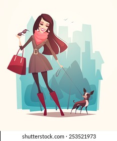 Pretty girl walking a dog. Vector illustration.