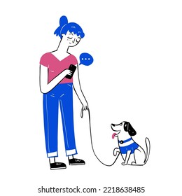 The pretty girl walking her dog in the park with a leash while texting on her smartphone. Hand drawn vector illustration doodle style.