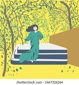 Pretty girl walking through the park. autumn park with yellow background. Vector