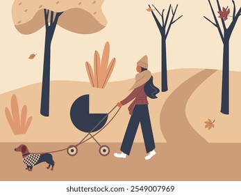 Una chica bonita camina con un cochecito de bebé y un perro perro perro perro salchicha en un parque de la ciudad de otoño o bosque. Paisaje al aire libre relajante del otoño: árboles, hojas, arbustos en un estilo funky de moda. Ilustración vectorial plana