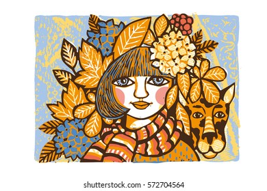 Pretty girl walks with dog in autumn, vector based color linocut.