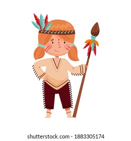 Pretty Girl with War Paint on Her Face Standing with Spear Vector Illustration