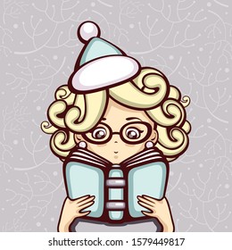 Pretty girl in warm hat with book. Cute Cartoon character. Template For book cafe logo.