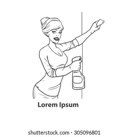 pretty girl washes window simple illustration