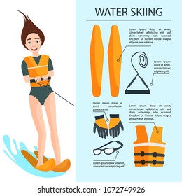 
A pretty girl is water skiing. Equipment for water skiing - gloves, sunglasses, life jacket, skis