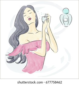 Pretty girl in watercolor style spray parfume