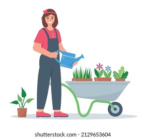 Pretty girl with watering can and wheelbarrow with plants. Female gardener or farmer character. Hobby gardening or horticulture. Flat or cartoon vector illustration.