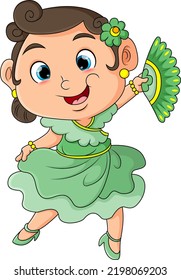 The pretty girl is wearing beautiful dress and holding a hand-held fan of illustration