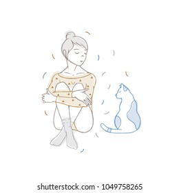 Pretty girl wearing bodysuit and socks sitting with crossed legs and looking at cat. Young woman and her cute pet animal hand drawn with contour lines on white background. Colored vector illustration