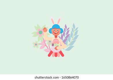 A pretty girl wearing a bunny costume holding a large egg with flowers on the background, Happy Easter day theme. Simple vector illustration, this illustration can use as a sticker also.