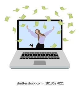 Pretty girl win in online lottery, web gambling service, chance in sport betting and poker. Get rich online, lottery online, winner woman. Vector illustration jackpot money win