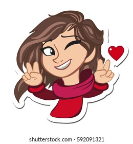 Pretty girl winking at you vector illustration. Colorful illustration of cute little girl character. Vector illustration. Romantic greeting cards.