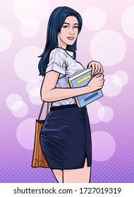 Pretty girl. A woman holding a book in the library. Illustration vector. On pop art comics style. Abstract dots background.