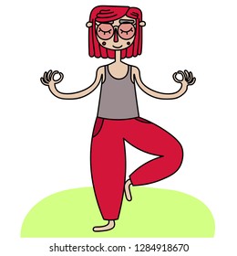 a pretty girl or a woman with pink hair practices yoga, leads a healthy lifestyle, performs asanas. Vector illustration for website, print, poster.