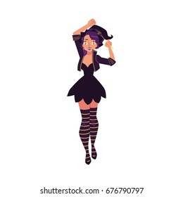 Pretty girl, woman in pointed hat and witch Halloween party costume, cartoon vector illustration isolated on white background. Woman, girl dressed as witch, wizard, Halloween party costume