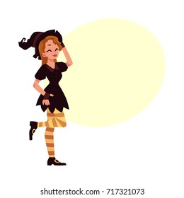 Pretty girl, woman in pointed hat and witch Halloween party costume, cartoon vector illustration with space for text. Woman, girl dressed as witch, wizard, Halloween party costume